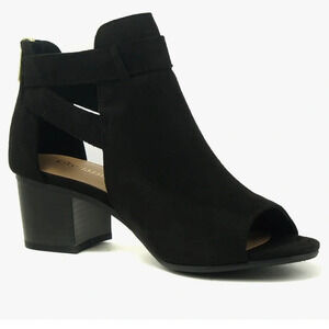 New Women's Cutout Side Strap Mid Black Chunky Heel Fashion Ankle Bootie